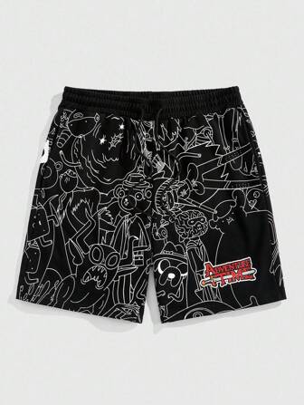 Adventure Time X ROMWE Men's Casual Street Cartoon & Letter Print Drawstring Waist Slant Pocket Loose Shorts