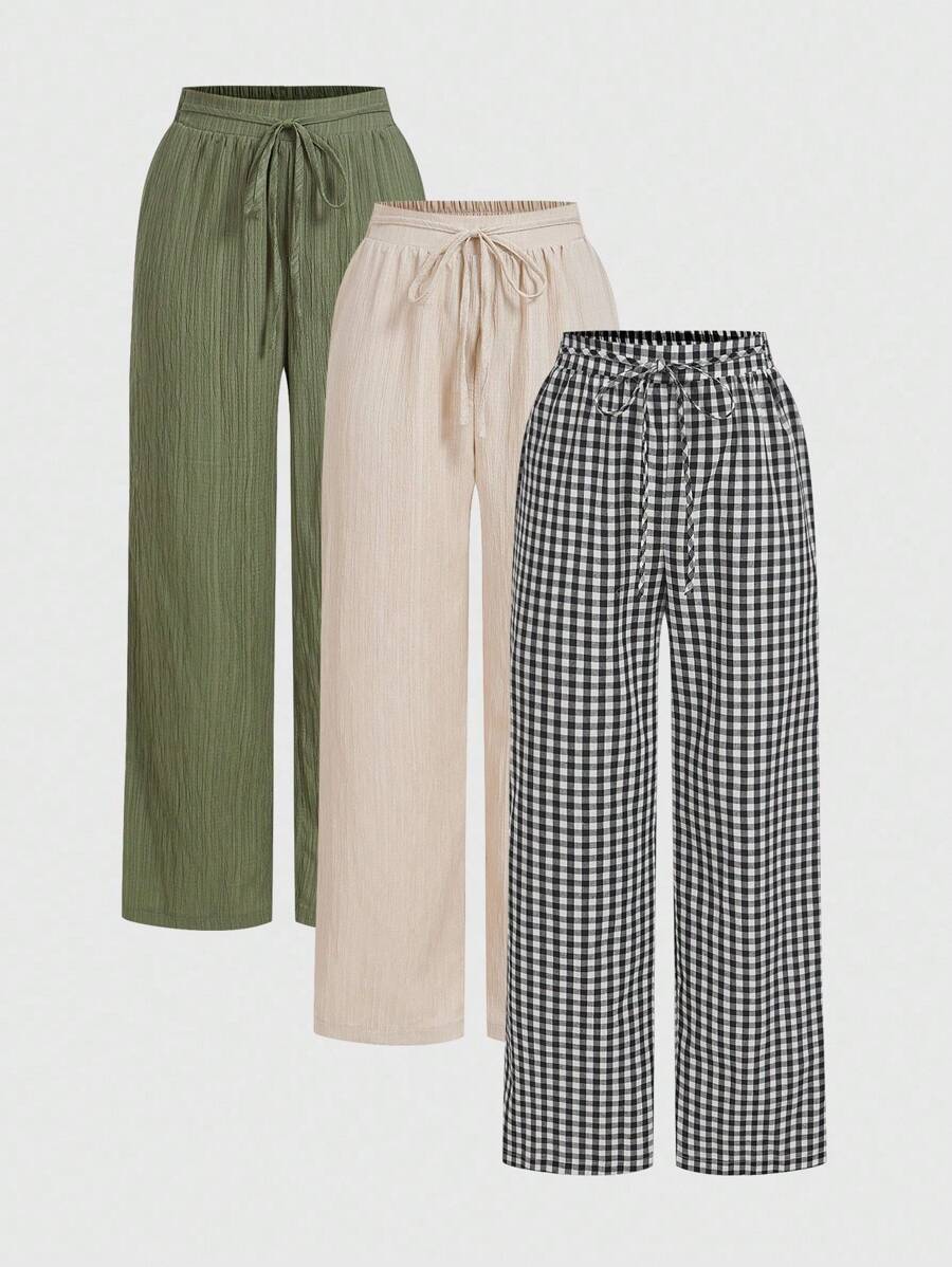 3 件套女士休闲腰带口袋直筒裤套装，适合夏季 - 彩色 - 查看 1