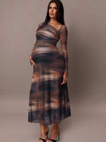 MaterniChic Brown Autumn Elegant Night Out Club Maternity Dress, Tie Dye Chiffon Pleated Asymmetrical Shoulder Long Sleeve Slim Fit Date Party Clothes - Brown - View 5
