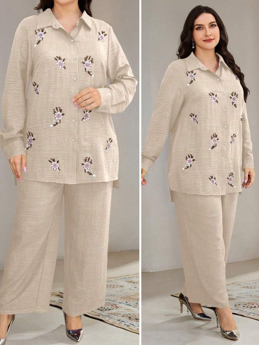 Veilorie 2件套加大码优雅通勤花卉刺绣衬衫和裤子套装 - 卡其色 - 查看 1