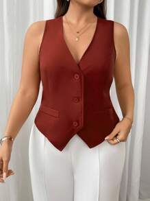 Firerie Plus Size Elegant Commuting High Street Mesh Luxury Occasion Sleeveless Blazer, Wear Alone Or As Outerwear, Rose Red Graduation,Back To School,Teacher Outfits For Women