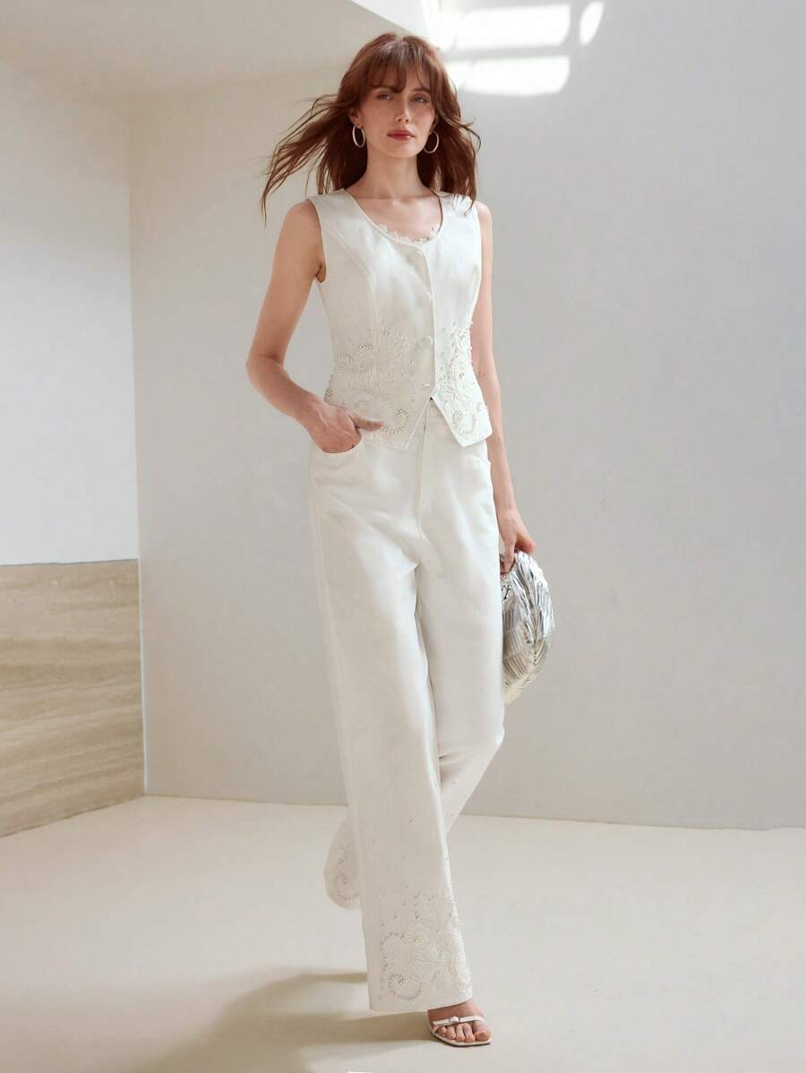 MOTF PREMIUM 仿珍珠3D蕾丝花朵装饰优雅浪漫女士背心夹克 - 白色 - 查看 1