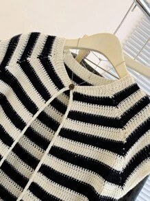 Franclia New Arrival Niche Design Striped Round Neck Chic Versatile Slim Fit Cardigan For Women - Black - View 6