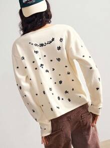 Bohemela 秋冬女士休闲时尚百搭刺绣纽扣前长袖毛衣 - 白色 - 查看 6