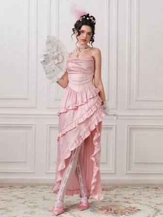 Kawaii Robe moulante sirène en tissu jacquard texturé romantique de palais vintage avec chaîne de perles et volants fendus pour les femmes