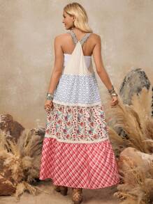 LanaWest Women's Lace Patchwork Adjustable Spaghetti Strap Patchwork Midi Dress - Multicolor - View 7