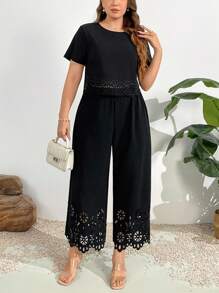 Firerie Saia Estampada Floral Recortada a Laser com Cintura Elástica para Mulheres Plus Size - Preto - Visão 12