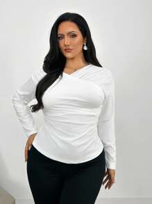 Firerie Áo thun bó sát tay dài, cổ bẻ một bên vai, dáng rộng, thanh lịch, dành cho nữ, trang phục công sở thường ngày - trắng - Xem 6