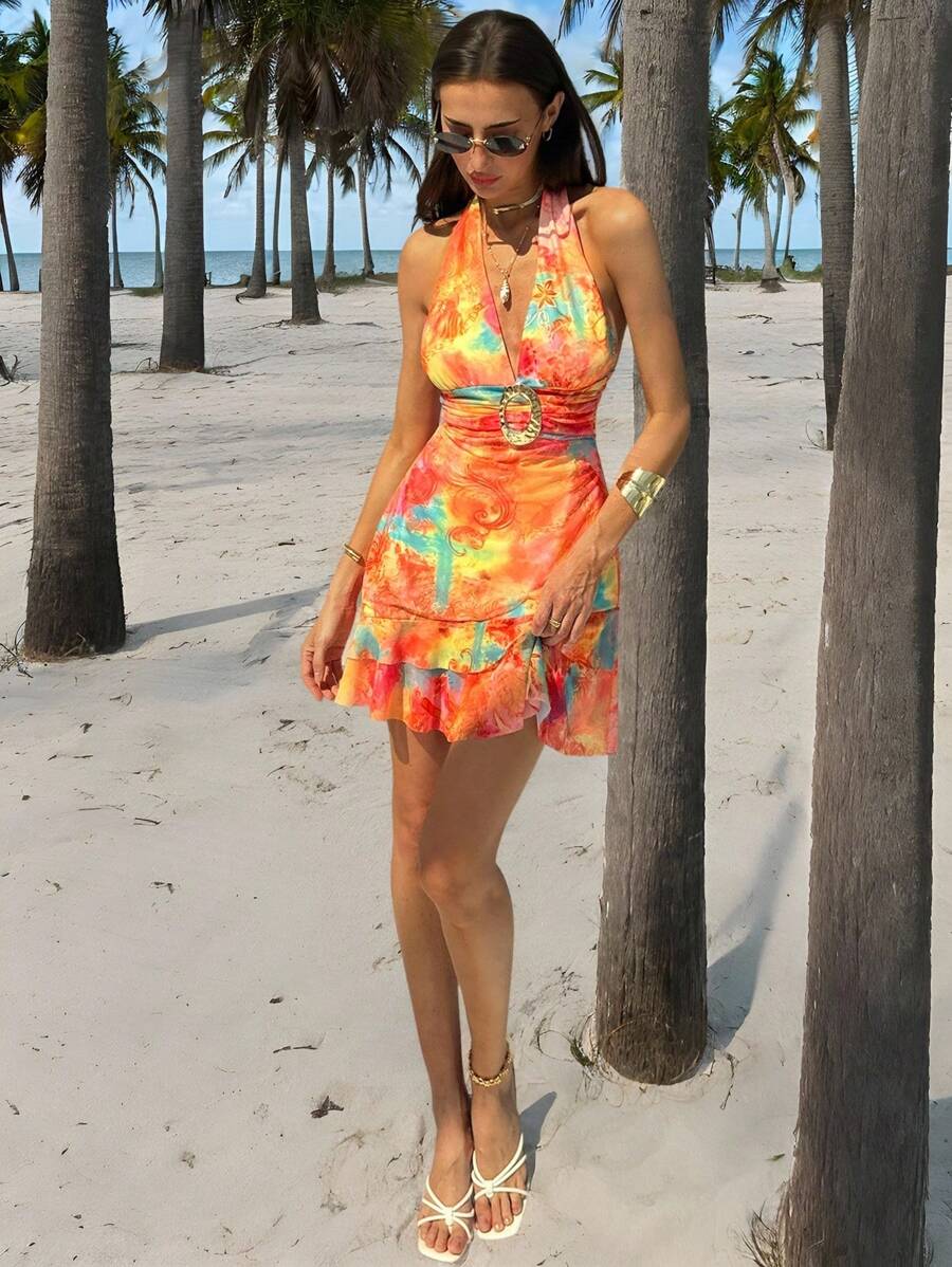 Aloruh 女士彩色印花露背吊带连衣裙，休闲度假