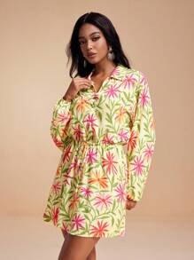 Miriam Omar Light Yellow Summer Floral Printed Viscose Pullover Mini Dress With Button Tie Lantern Sleeve - Multicolor - View 6