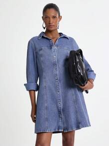 Daynim 女士休闲长袖牛仔通勤连衣裙 - 中等水洗藍 - 查看 4