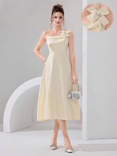 Poshira Vestido de gala de lujo, vestido formal elegante y liviano de socialité con adorno de lazo 3D y tirantes de espagueti