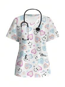 PopScrub Einfaches, lässiges Scrub-Uniform-Oberteil mit Herz- und Lächelgesicht-Muster