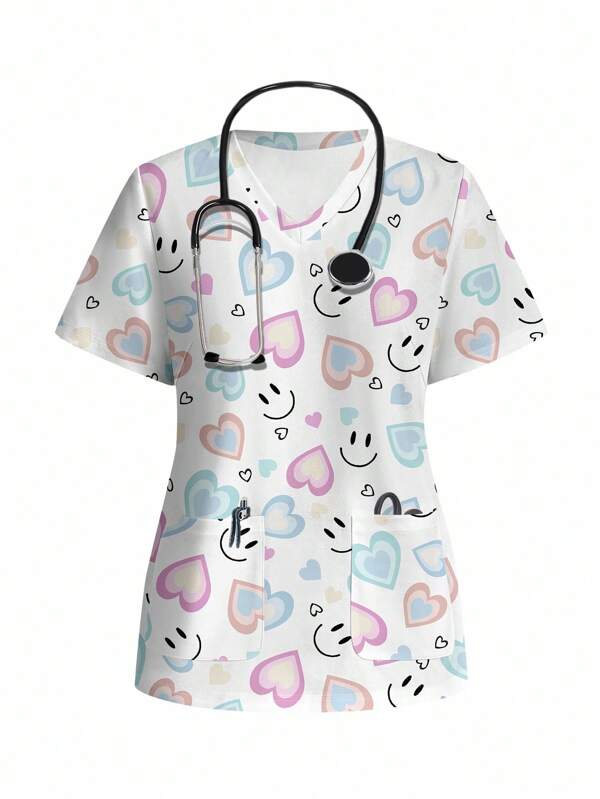 PopScrub Einfaches, lässiges Scrub-Uniform-Oberteil mit Herz- und Lächelgesicht-Muster