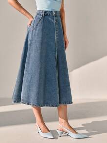 CLARA VERO Women High Waist Single-Breasted Pocket Casual A-Line Denim Skirt - Medium Wash - View 5