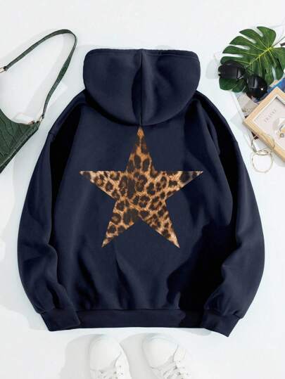 INAWLY Moletom feminino oversized com capuz, estampa de pentagrama e leopardo, ajuste solto casual, outono/inverno, blusas de manga comprida