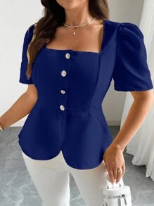 Elenzga Blus Elegan Lengan Pendek Kerah Persegi Warna Polos Kasual untuk Wanita Ukuran Besar - Royal Blue - View 3