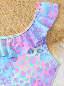 New Leopard Print Full-Width Young Girls Ruffled 2 Pieces Bikini Set - Multicolor - View 5