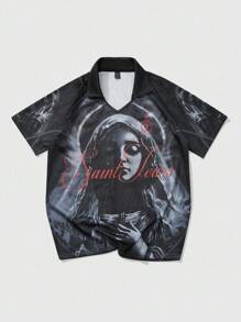 ROMWE MEN Street Life Camisa polo de manga corta con diseño vintage americano de Nuestra Señora, estilo callejero para hombres - Negro - Ver 7