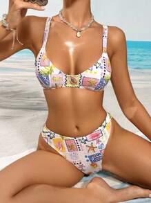 Swim Vcay Summer Beach Vacation Stylish Ocean Creature Graphic Print Bikini Set - Multicolor - View 4