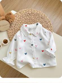 SHEIN Chemise à manches longues décontractée et polyvalente pour bébé fille avec imprimé cœur