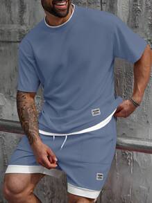 Manfinity Homme Plus Size Men Waffle Patchwork Crew Neck T-Shirt & Shorts Set - Blue - View 5