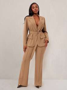 SHEIN X Phaith Montoya SHEIN SXY Blazer básico elegante, sexy e de estilo elegante para mulheres plus size no outono e inverno, incluindo um cinto bônus. Adequado para ir e vir, negócios, estilo retrô, festa, resort, passeio, dinheiro antigo, estilo de rua alta, urbano, sereia sexy de escritório coquete, traje de cruzeiro, ir e vir, negócios, retrô, vintage, festa, resort, passeio, dinheiro antigo, ricamente camadas, encontro à noite, reunião, minimalismo, aniversário, evento formal, Gyaru, Ibiza, Nashville, intervalo, modesto, chique, casual, compras, streetwear, saída. - Caqui - Visão 6