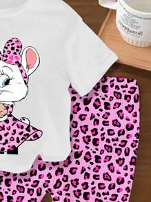 SHEIN GraphicGems Baby Girls' Lovely Rabbit Print Round Neck Short Sleeve White T-Shirt And Leopard Print Knit Legging Skirt 2Pcs Set - Multicolor - View 3