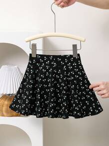 Young Girl Woven Ditsy Floral Wide Leg Shorts For Spring/Summer Outings, Mom And Daughter & Sisters Matching Style, Matching Family Vacation, Holidays, French, Cute & Elegant & Sweet & Vintage & Fashionable.Great For Casual & Daily Wear & School Daily. Girls Skirts With Shorts., Skirts With Built In Shorts - Black - View 7