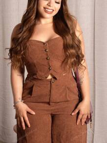 Lupita Cardoza Conjunto De Dos Piezas De Camisola De Corduroy Con Botones Y Pantalones Anchos De Pierna Para Mujer