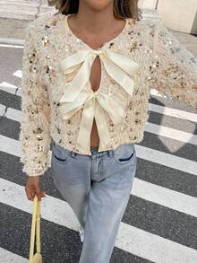 Serisse 女士时尚杏色串珠结饰长袖外套，亮片上衣，系带外套，毛绒外套，羽毛亮片外套，亮片开衫外套，丝带系带外套，秋季派对外套，保暖长袖外套，派对上衣，派对外套，奶油色长款蓬松抓绒外套，优雅派对连衣裙，秋季女装，冬季女装，四季皆宜，女士冬季穿搭，长袖外套，法式风格服装，通勤装，复古风，简约风，优雅羽毛外套 - 杏色 - 查看 8