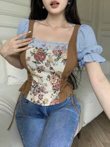 Modelyn 女士优雅拼色提花交叉系腰衬衫，夏季 - 藍色 - 查看 2