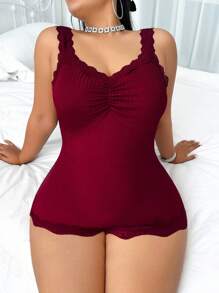 DUSKBASE Plus Size Women Wine Red Solid Color Lace Trim Ruffle Decor Knit Jumpsuit Sleepwear Lace Bodysuit - Burgundy - View 3