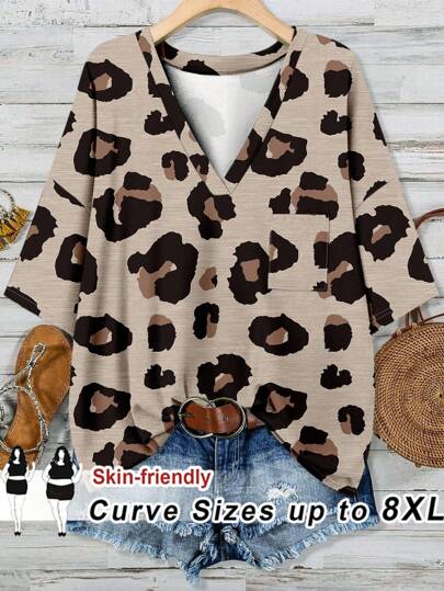 SHEIN CURVE+ 大码秋季女装/冬季女装/冬季大码圣帕特里克节绿色口袋 T 恤春假波西米亚风狂欢节春假老钱风格女士狂欢、曲线加大码、波西米亚风度假 8xl 6xl 加大码豹纹上衣