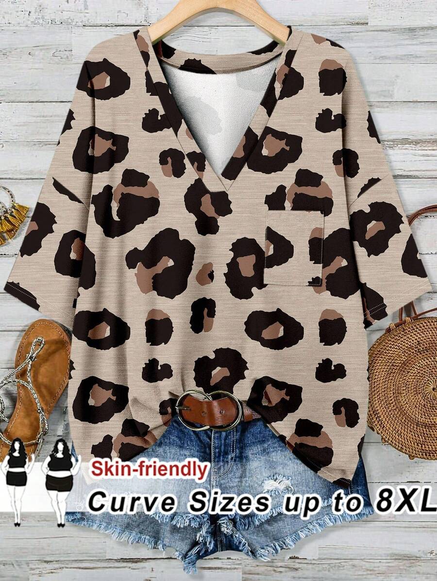 SHEIN CURVE+ 大码秋季女装/冬季女装/冬季大码圣帕特里克节绿色口袋 T 恤春假波西米亚风狂欢节春假老钱风格女士狂欢、曲线加大码、波西米亚风度假 8xl 6xl 加大码豹纹上衣 - 彩色 - 查看 1