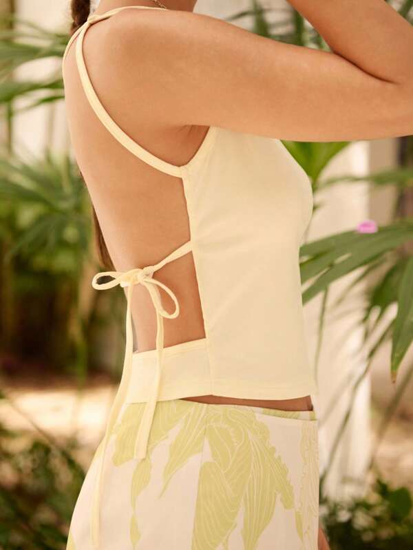 Sunsella White Solid Color Backless Cross Straps Boat Neck Fitted Sexy Top Summer Women Outfit Pale Yellow Top Butter Yellow Top Resort Wear 2025 Resort Wear Vacation Outfits Old Money