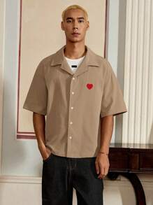 Manfinity VCAY Men's Summer Heart Embroidery Single-Breasted Casual Shirt