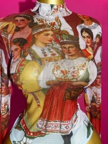 Slaydiva 2025 Summer New Style Birthday Party Back To School Student Wear Daily Outing Basic And Versatile Leisure Vacation Cruise Travel Beach Seaside Sunbathing Internet Celebrity Hot Style Punk Style Club Elegant Commuter Business Casual Small Stand-Up Collar Long Sleeve Tight Cropped Women's Tops Portrait Printing Mesh Perspective Summer Tops Women's Tops Y2k Tops - Multicolor - View 1