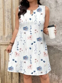 SHEIN LUNE 大码蓝白花卉印花V领无袖连衣裙，女式波西米亚风/波西米亚风连衣裙，女士夏季服装，度假服装，女士夏季服装，女士夏季连衣裙，沙滩裙，适合外出的太阳裙 - 藍白色 - 查看 5