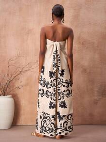 Zivah 2025 Spring & Summer New Music Festival, Western Style, Nomadic Style, Student Daily Wear, Casual, Vacation, Cruise Travel, Beach, Sunbathing, Fashionable, Elegant, Curly Grass Print, Retro Pattern, Symmetrical Floral, Strapless Slit Back Tie Long Top And Wide Leg Pants, Khaki & Black Floral Print, Women 2 Pieces Set - A