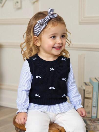 Souflis Souflis Suéter de punto a rayas azul y blanco para bebé niña, Top casual de manga larga adecuada para uso diario, escuela, juegos al aire libre y talla grande