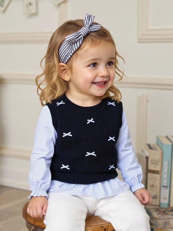 Souflis Souflis Suéter de malha listrado azul e branco para bebês meninas, blusa casual de manga comprida, adequada para uso diário, escola, brincadeiras ao ar livre e muito mais