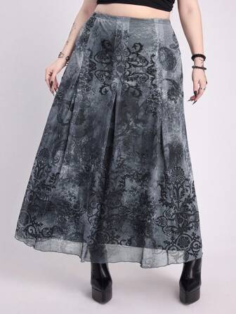 Goth Frauen Große Größen Gothic Stil Mesh bedruckter midi A-Linien Rock