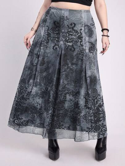 EDITION Back To School  Plus Size Women Gothic Style Mesh Printed Midi A-Line Skirt