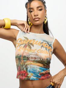 SUMWON WOMEN 夏季度假俱乐部背心复古度假海滩棕榈树印花网眼无袖修身短款背心度假装 - 彩色 - 查看 5