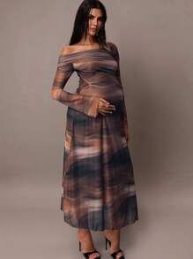 MaterniChic Brown Autumn Elegant Night Out Club Maternity Dress, Tie Dye Chiffon Pleated Asymmetrical Shoulder Long Sleeve Slim Fit Date Party Clothes - Brown - View 4