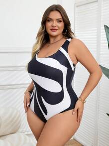 SHEIN CURVE+ 大码女式黑白印花海滩度假连体泳衣 - 黑與白 - 查看 3