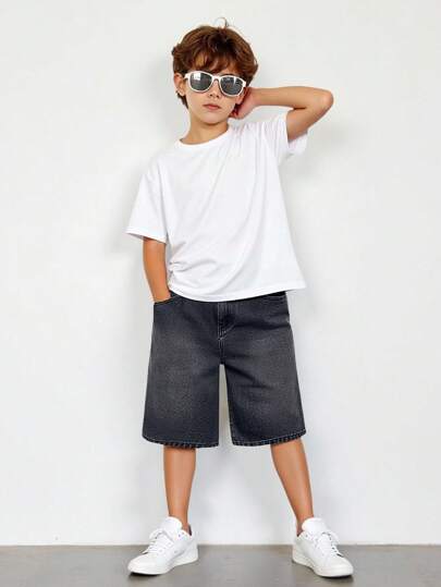 SHEIN Tween Boys Street Fashion Casual Lösa Slitna Jeansshorts, Resår i Midjan, Bekväma Och Mångsidiga För Sommaren