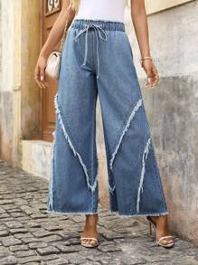 EMERY ROSE Elastic Waistband Washed Frayed Hem Wide Leg Jeans - Medium Wash - View 4
