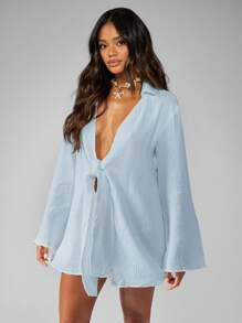 MISSGUIDED 长袖粗棉布海滩和服罩衫度假装夏季沙滩装系带前轻便休闲假日池畔开衫 - 藍色 - 查看 5